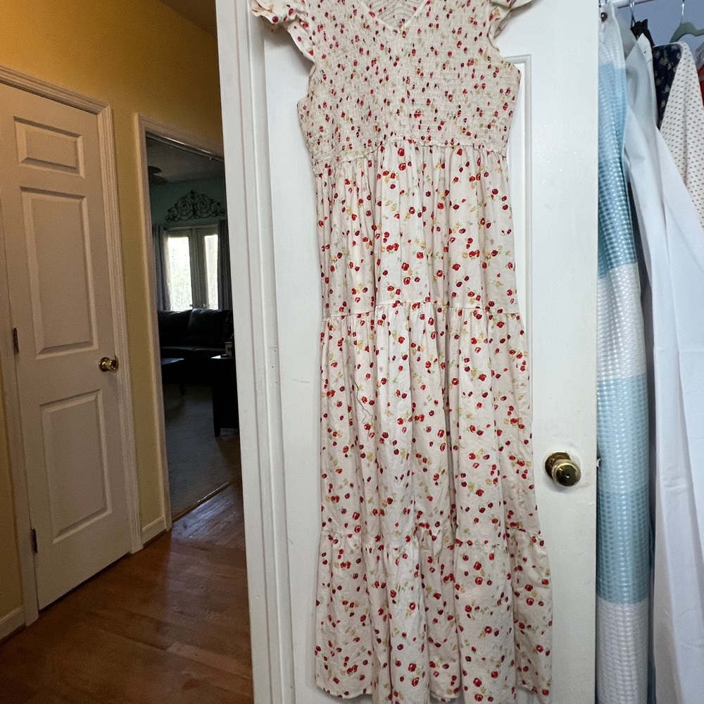 Smocked bodice, ruffle short sleeve floral maxi EUC Christy Dawn.